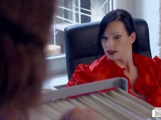 BUMS BUERO - Black-haired German secretary wears red lipstick during office x rated clip