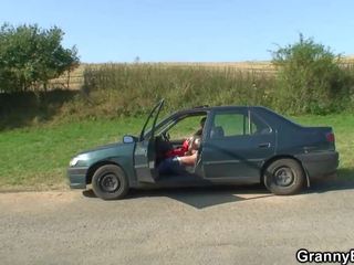 Hitchhiking 70 years old granny riding roadside